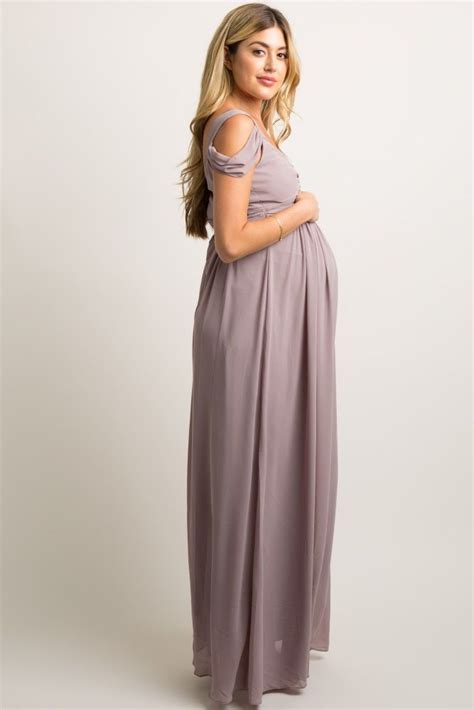 taupe chiffon pleated open shoulder maternity evening gown maternity evening maternity