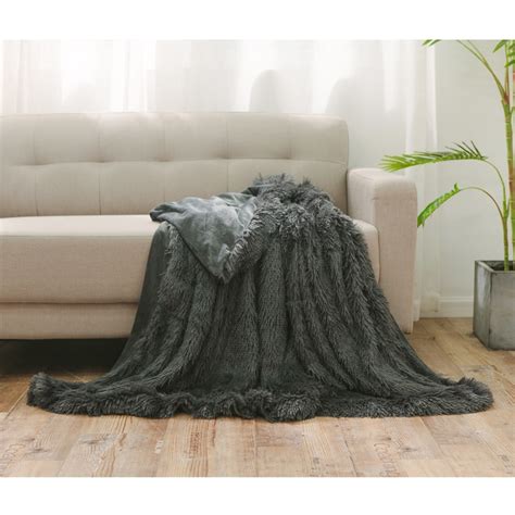 Carbon Black Faux Fur Throw Blanket For Couch Furry Bed Plush Blanket