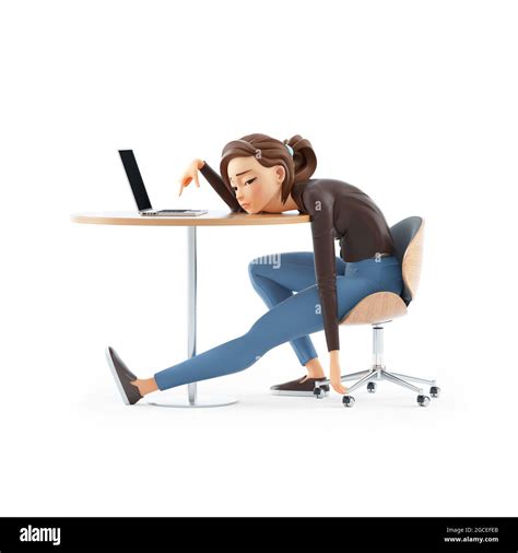 3d Exhausted Cartoon Woman Leaning On Her Desk Illustration Isolated