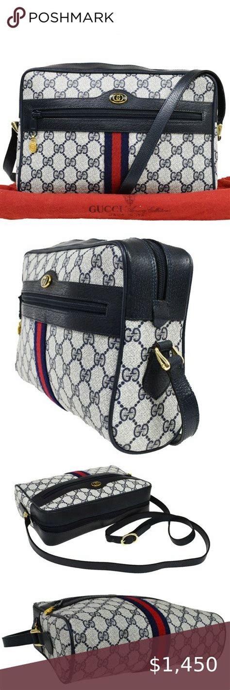 Auth Gucci Gg Pattern Logos Sherry Shoulder Bag Pvc Leather Navy Blue Italy