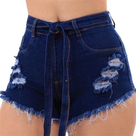 Short Jeans Feminino Cintura Alta Com Lycra Barra Desfiada Levanta