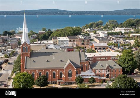 Aerial View Of Petoskey Mi And Little Traverse Bay From A Drone