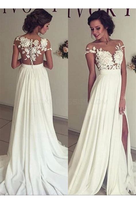 Elegant Illusion Bodice Lace Chiffon Wedding Dresses Bridal Gowns