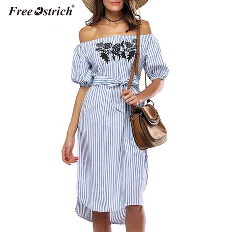 free ostrich casual blue striped summer dress women off the shoulder floral embroidery sexy