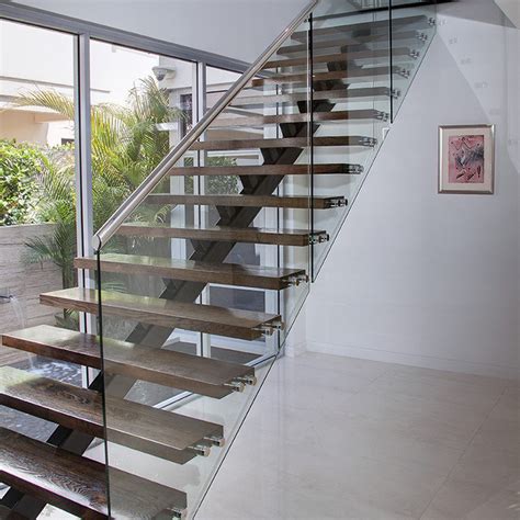 Floating Stairs Indoor Straight Wooden Steps With Frameless Glass