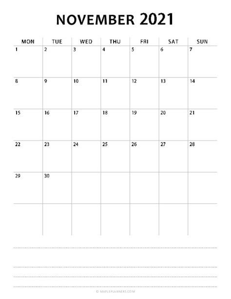 November Monthly Calendar 2021 Monday Start