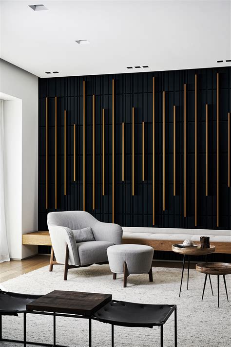 A Modern Living Room With Black And White Walls Wood Slats On The Wall