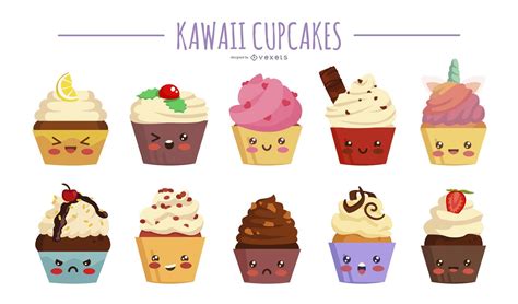 Kawaii Cupcakes Illustration Set Vector Download