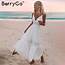 BerryGo White Pearls Sexy Women Summer Dress 2019 Hollow Out Embroidery 