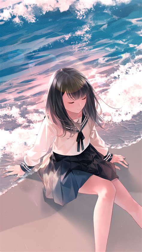 1080x1920 Anime Girl Sitting Waves School Uniform 4k Iphone 76s6 Plus
