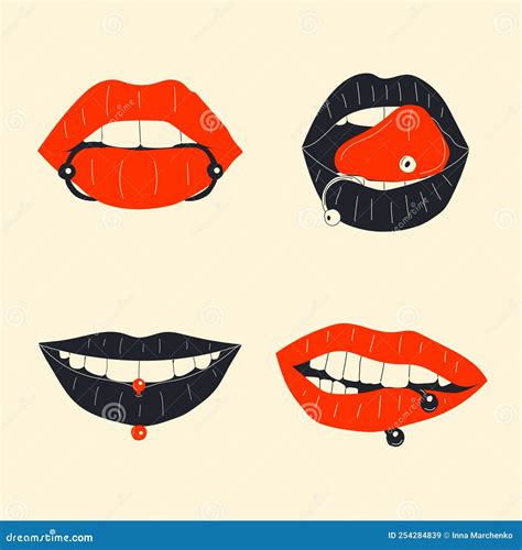 Lips Piercing Vector Set In Cartoon Style Stock Vector Illustration Of Feminism Tongue