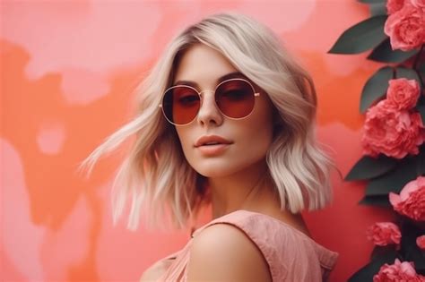 Premium Photo A Woman Wearing Sunglasses Stands In Front Of A Pink
