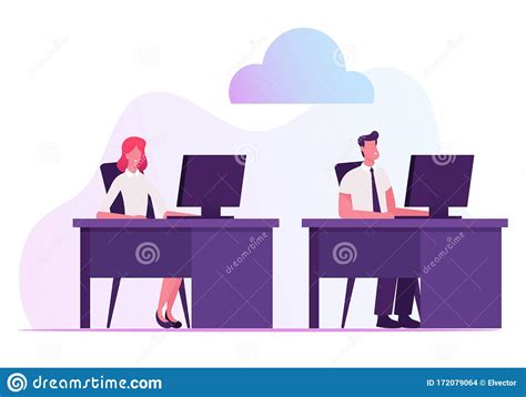 Businessman And Businesswoman Sitting At Desks Working On Computers