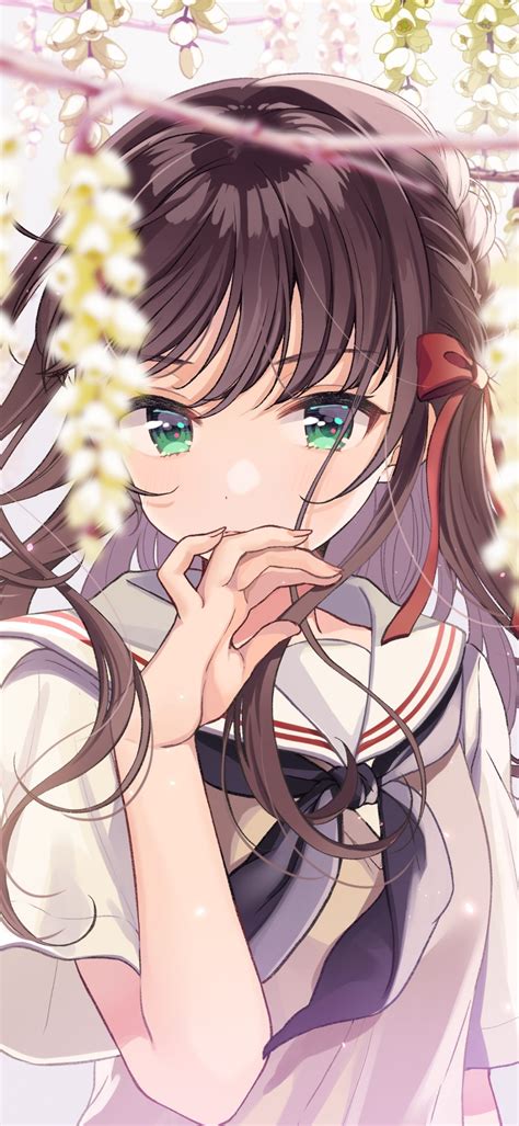 Download 1080x2340 Anime Girl Flowers Brown Hair School