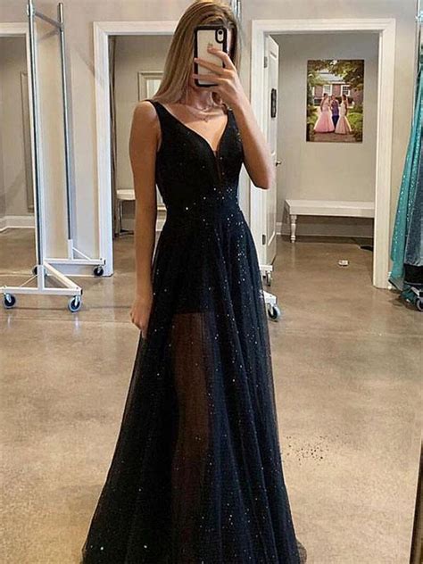 custom made a line v neck sparkly sequins black long prom dresses bla abcprom