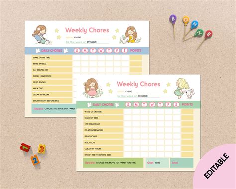 Editable Weekly Chore Chart For Girls Printable Reward Chart Etsy In