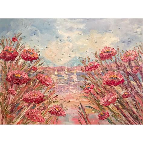 Abstract Impasto Pink Poppies Summer Seascape Original Oil Painting