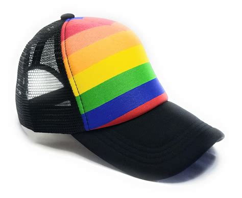 Gay Pride Neon Rainbow Stripes Snapback Hat Lgbt Bright Mesh Trucker Baseball Cap Black
