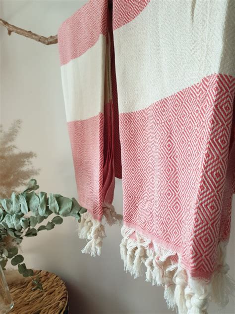 Pink Turkish Peshtemal Cotton Bath Towel Striped Beach Blanket