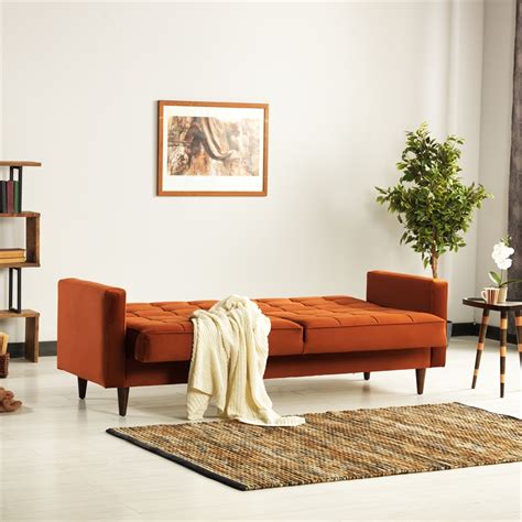Mid Century Modern William Burnt Orange Velvet Sleeper Sofa Ash0451