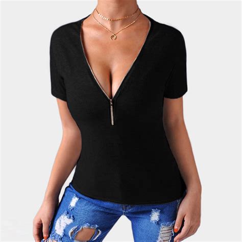 Zanzea 2018 Summer Women Short Sleeve Zipper Deep V Low Cut T Shirt
