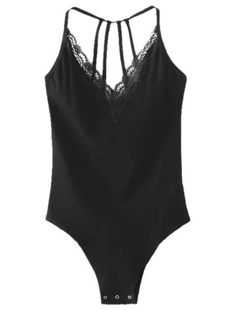V Neck Strappy Lace Panel Bodysuit Black S Tumblr Outfits Hipster