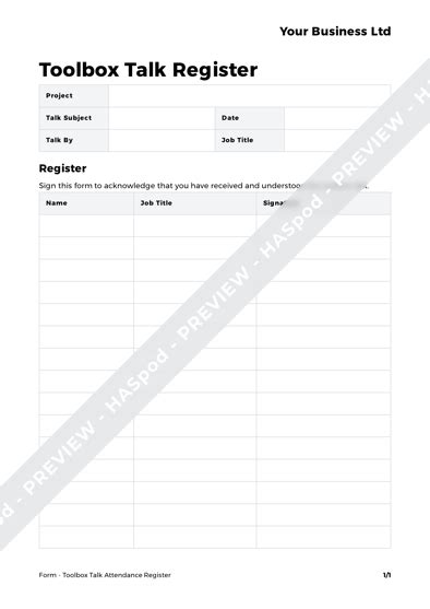 Free Toolbox Talk Attendance Register Form Template Haspod Tool Box