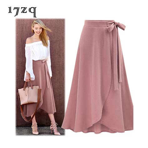 17zq 2018 New Women Elegant Skirt Irregular Lacing Front Split Skirts Ladies High Waist Mid Calf