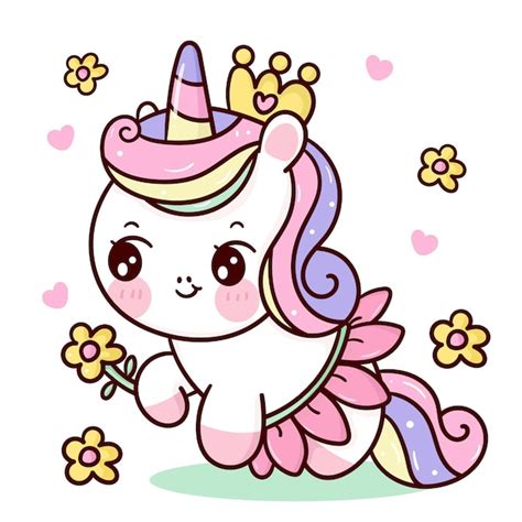 Premium Vector Cute Unicorn Princess Cartoon Holding Flower And Wear