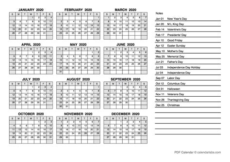 2020 Yearly Calendar Pdf Free Printable Templates