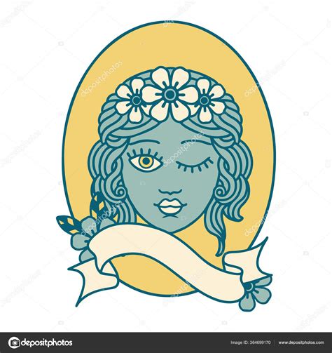 Traditional Tattoo Banner Maiden Crown Flowers Winking Stock Vector