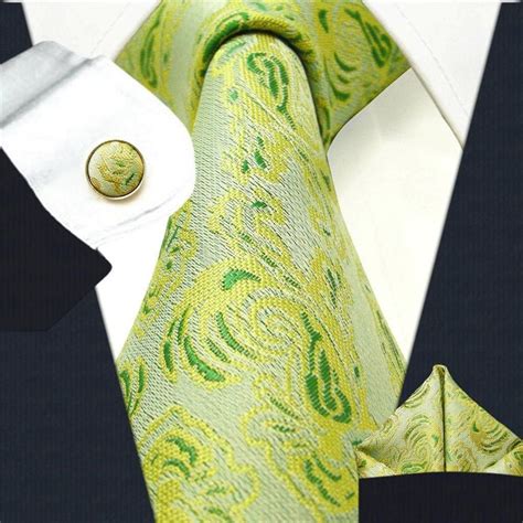 A432 Floral Light Green Lime Yellow Tie Set 100 Silk Mens Neckties