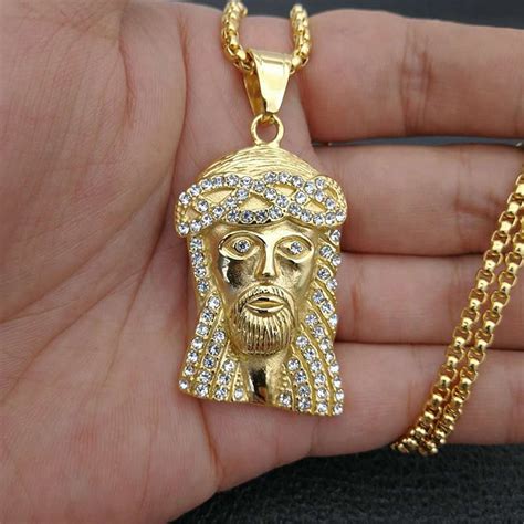 Hip Hop Iced Out Bling Jesus Head Pendant Necklace Men Stainless Steel