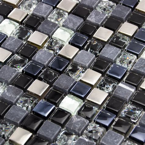 Luxury Black Grey And Diamond Glass Stone And Steel Mosaic Wall Tiles