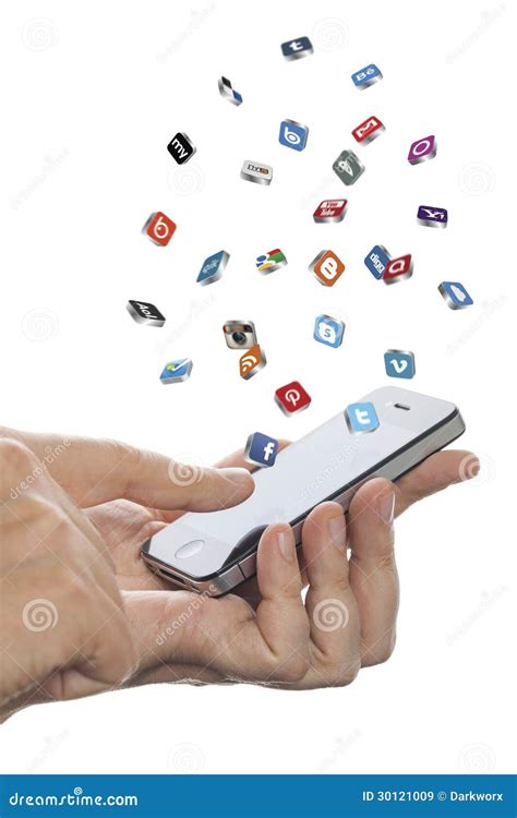 Social Media Icons Fly Off The Iphone In Hand Editorial Stock Image
