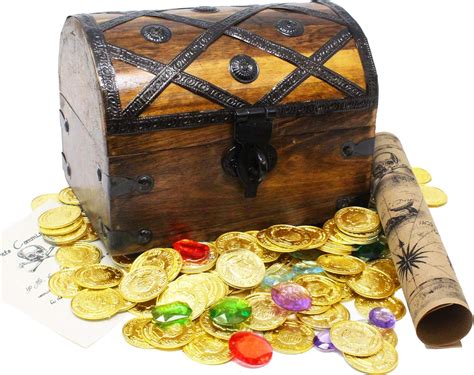 Well Pack Box Wooden Pirates Treasure Chest 156 Plastic Coins Gems Map Large 8x6x6