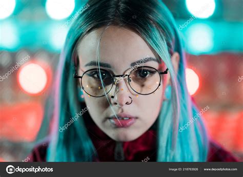 Hipster Girl With Blue Dyed Hair And Golden Sequins As Freckles Woman With Nose Piercing