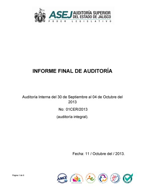 Informe Final De Auditoria Ejemplo Para Realizar E4 Informe Final De