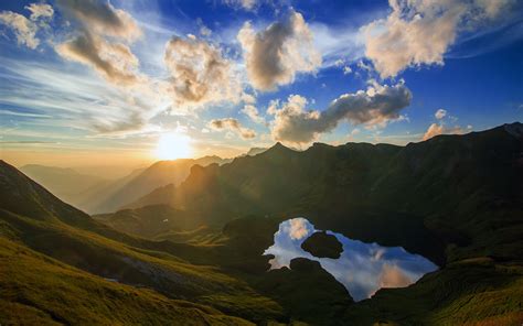 Wallpaper Sunlight Landscape Sunset Hill Lake Water Nature