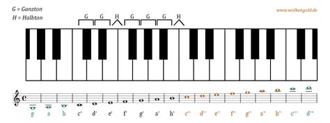 Beschriftete klaviertastatur mit notenlinien und oktavlagen. Grafische Darstellung einer Pianoklaviatur mit Tonleiter