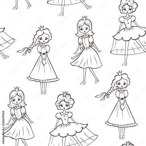Outline Seamless Black And White Pattern With Cute Little Princess