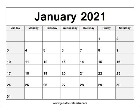 Blank Printable January Calendar 2021 Template Free Calendar Template