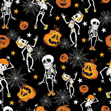 Dancing Halloween Skeletons And Pumpkins Pattern Great For Spooky