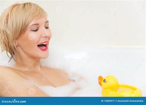 Smiling Blond Woman Lying In Bubble Bath Stock Image Image Of Caucasian Enjoyment 13083977