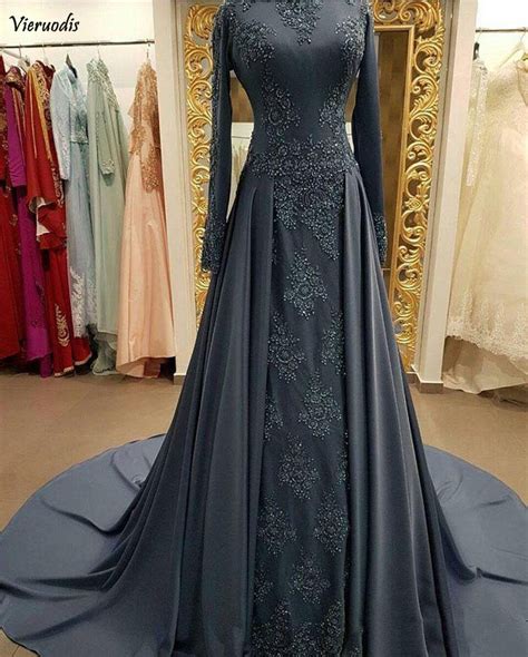 Muslim Long Sleeves Evening Dress High Neck A Line Prom Dress Lace Appliques Formal Party Gown