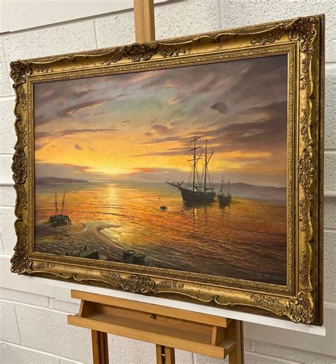 Victor Elford Oil Painting Of Ships In The Bay At Sunset By 20th