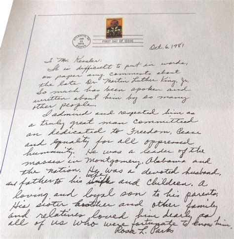 Rosa Parks Handwritten Letter Remembering Martin Luther King Jr As A