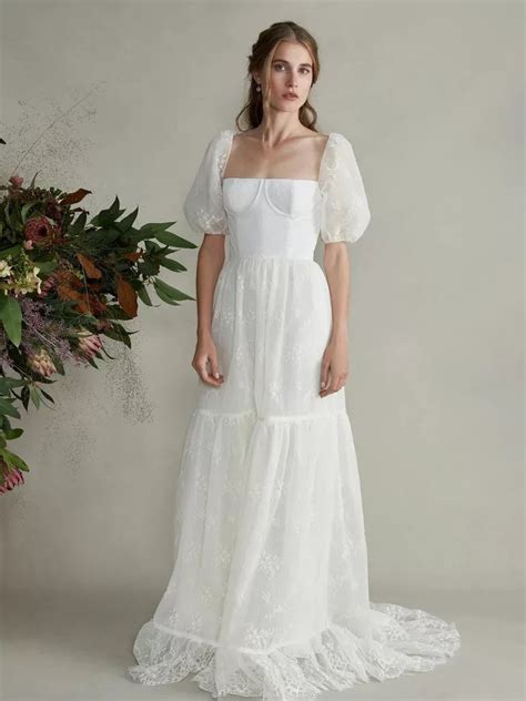 Markarian Puff Sleeve White Wedding Dress With Tiered Skirt Click To