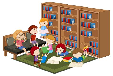 Niños Leyendo Libros En La Biblioteca 1522162 Vector En Vecteezy