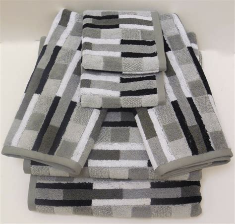 White rubber coated bath accessories. Geometric Striped Bath Towel Set Black White Gray Blocks 6 ...
